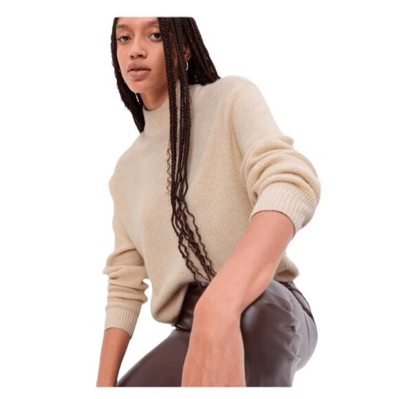 Gap Waffle Mockneck Sweater Birch Beige Soft Knit Long Sleeve Pull-Over L - Picture 2 of 6